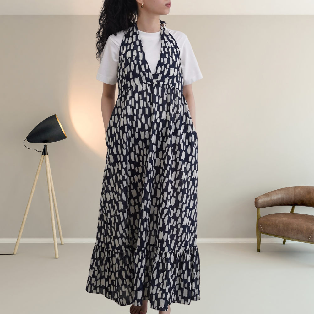 Women Black Cotton Halter Long printed Dress